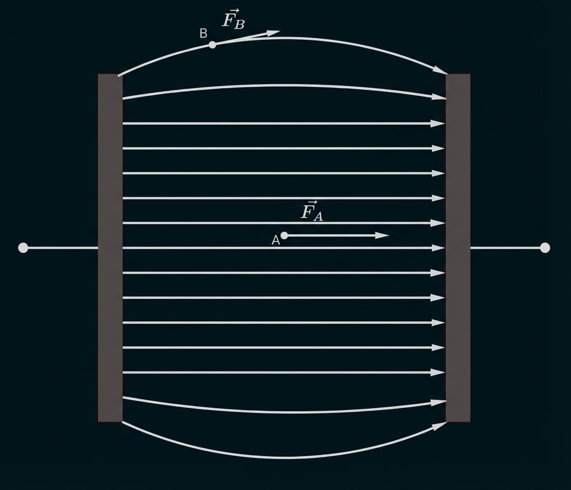 Skizze: horizontale Feldlinien zwischen zwei Platten, Punkt A mittig mit Kraftpfeil nach rechts, Punkt B oben mit gebogenem Pfeil
